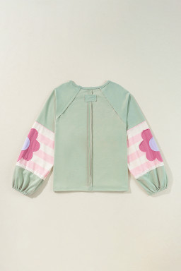 Smoke Green Flower Patchwork Exposed Seam Raglan Sleeve Top