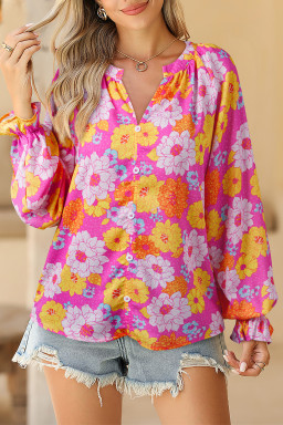 Rose Flower Print V Neck Relaxed Sleeve Blouse