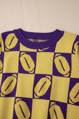 Purple Rugby Plaid Color Block Puff Sleeve Knit Top