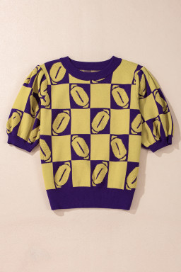 Purple Rugby Plaid Color Block Puff Sleeve Knit Top