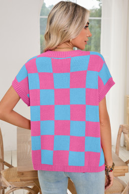 Sachet Pink Colorblock Checkered Knit Dolman Sweater Vest
