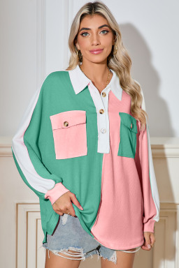 Pink Colorblock Patchwork Ribbed Oversized Sweatshirt