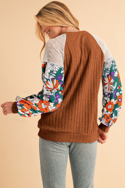 Cinnamon Floral Patchwork Raglan Sleeve Ribbed Top