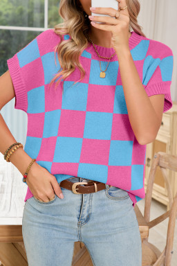 Sachet Pink Colorblock Checkered Knit Dolman Sweater Vest