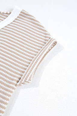 Khaki Striped Button Front V Neck Knitted Top