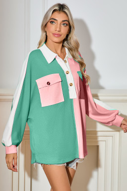 Pink Colorblock Patchwork Ribbed Oversized Sweatshirt