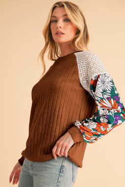 Cinnamon Floral Patchwork Raglan Sleeve Ribbed Top