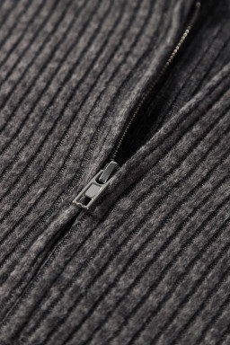 Dark Grey Ribbed Zip Front Drawstring Hoodie