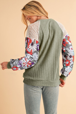 Laurel Green Floral Patchwork Raglan Sleeve Ribbed Blouse