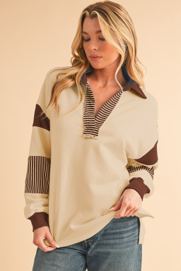 Light French Beige Striped Patchwork Collar Sweatshirt