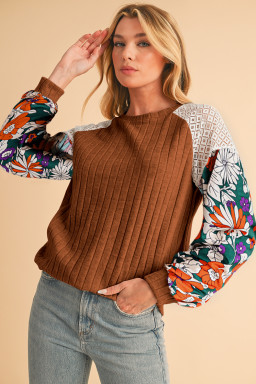 Cinnamon Floral Patchwork Raglan Sleeve Ribbed Top