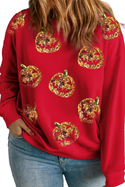 Racing Red Sequin Pumpkin Face Graphic Plus Size Halloween Sweatshirt