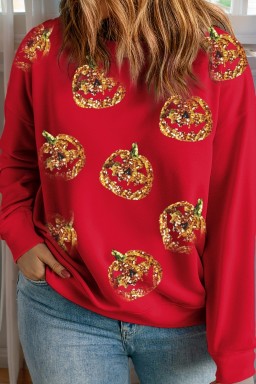 Racing Red Sequin Pumpkin Face Graphic Plus Size Halloween Sweatshirt