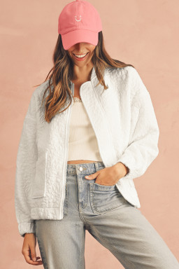 White Floral Embossed Plain Zip-up Jacket