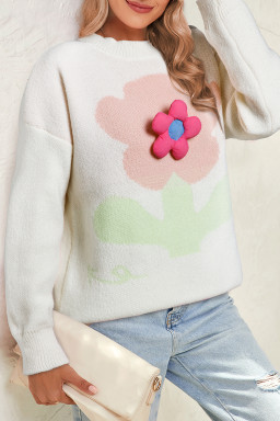 Beige 3d Flower Detachable Pullover Sweater