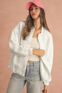White Floral Embossed Plain Zip-up Jacket
