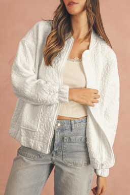 White Floral Embossed Plain Zip-up Jacket