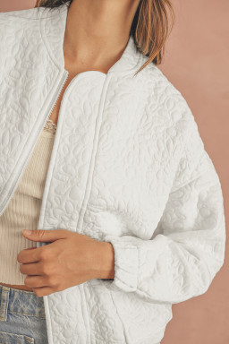 White Floral Embossed Plain Zip-up Jacket