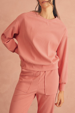 Blossom Ribbed Drop Shoulder Sweatshirt Pocketed Pants Set
