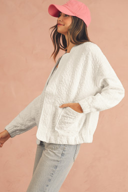 White Floral Embossed Plain Zip-up Jacket