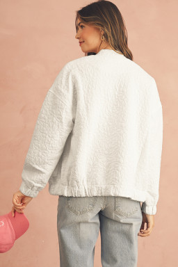 White Floral Embossed Plain Zip-up Jacket