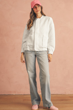 White Floral Embossed Plain Zip-up Jacket