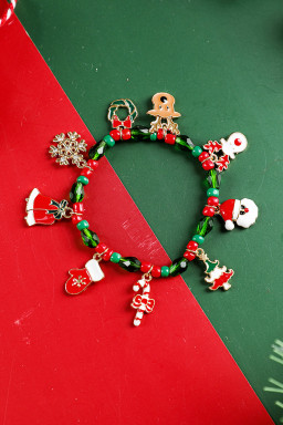 Fiery Red Christmas Pattern Pendant Beaded Bracelet
