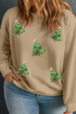 Apricot Sequin Christmas Tree Pattern Round Neck Plus Size Sweatshirt
