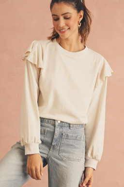 Jet Stream Plain Ruffle Shoulder Long Sleeve Top