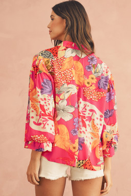 Red Abstract Floral Print Buttoned Ruffle Bubble Sleeve Shirt
