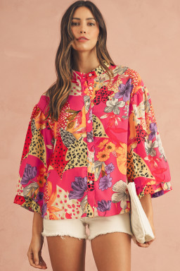 Red Abstract Floral Print Buttoned Ruffle Bubble Sleeve Shirt