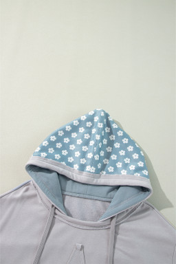 Beau Blue Floral Patchwork Star Pattern Drawstring Hoodie