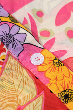 Red Abstract Floral Print Buttoned Ruffle Bubble Sleeve Shirt