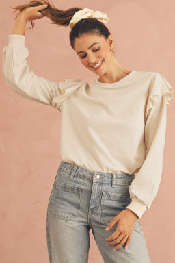 Jet Stream Plain Ruffle Shoulder Long Sleeve Top