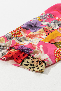 Red Abstract Floral Print Buttoned Ruffle Bubble Sleeve Shirt