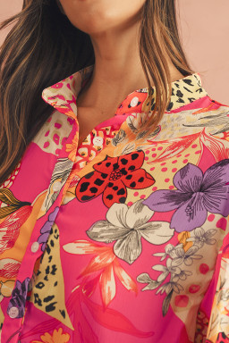 Red Abstract Floral Print Buttoned Ruffle Bubble Sleeve Shirt