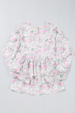 Pink Floral Print Shirred Cuffs Keyhole Back Babydoll Blouse