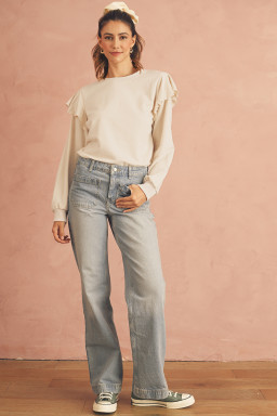 Jet Stream Plain Ruffle Shoulder Long Sleeve Top