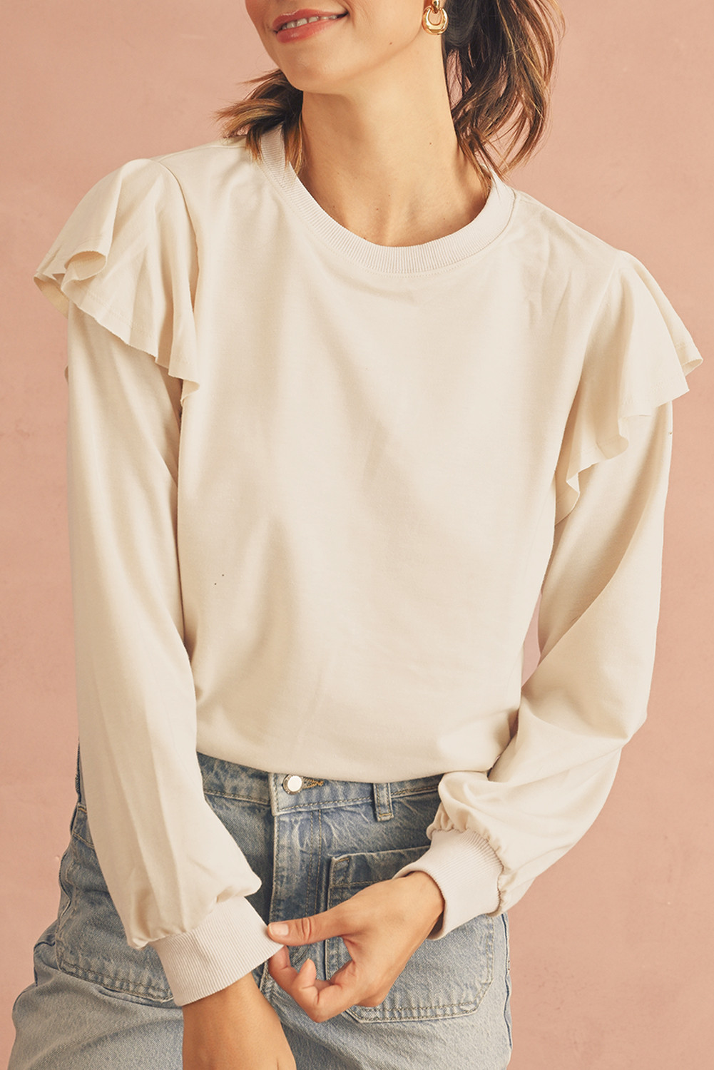 Jet Stream Plain Ruffle Shoulder Long Sleeve Top