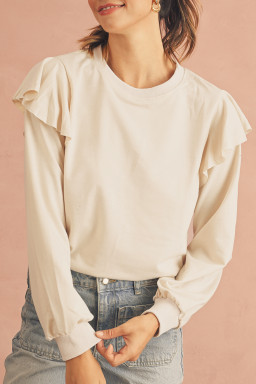 Jet Stream Plain Ruffle Shoulder Long Sleeve Top