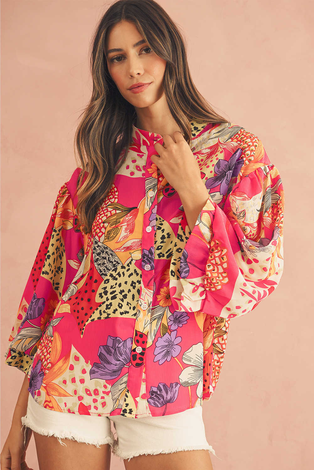 Red Abstract Floral Print Buttoned Ruffle Bubble Sleeve Shirt