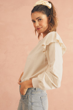 Jet Stream Plain Ruffle Shoulder Long Sleeve Top