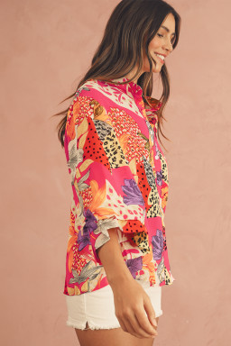 Red Abstract Floral Print Buttoned Ruffle Bubble Sleeve Shirt