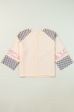 Beige Plaid Floral Patchwork Heart Long Sleeve Top