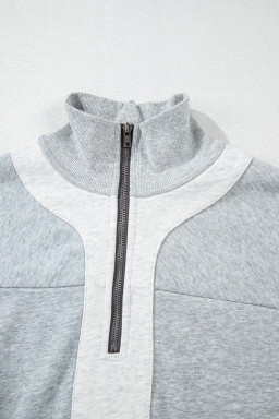 Gray Zip Collar Colorblock Side Slits Sweatshirt