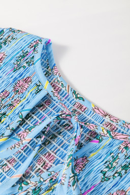 Sky Blue Floral Striped Smocked V Neck Blouse