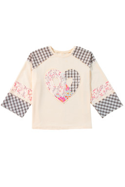 Beige Plaid Floral Patchwork Heart Long Sleeve Top
