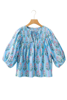 Sky Blue Floral Striped Smocked V Neck Blouse