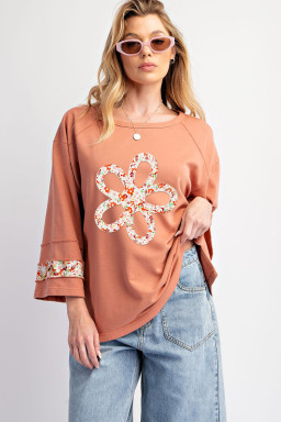 Grapefruit Orange Flower Exposed Seam Patchwork Loose Top