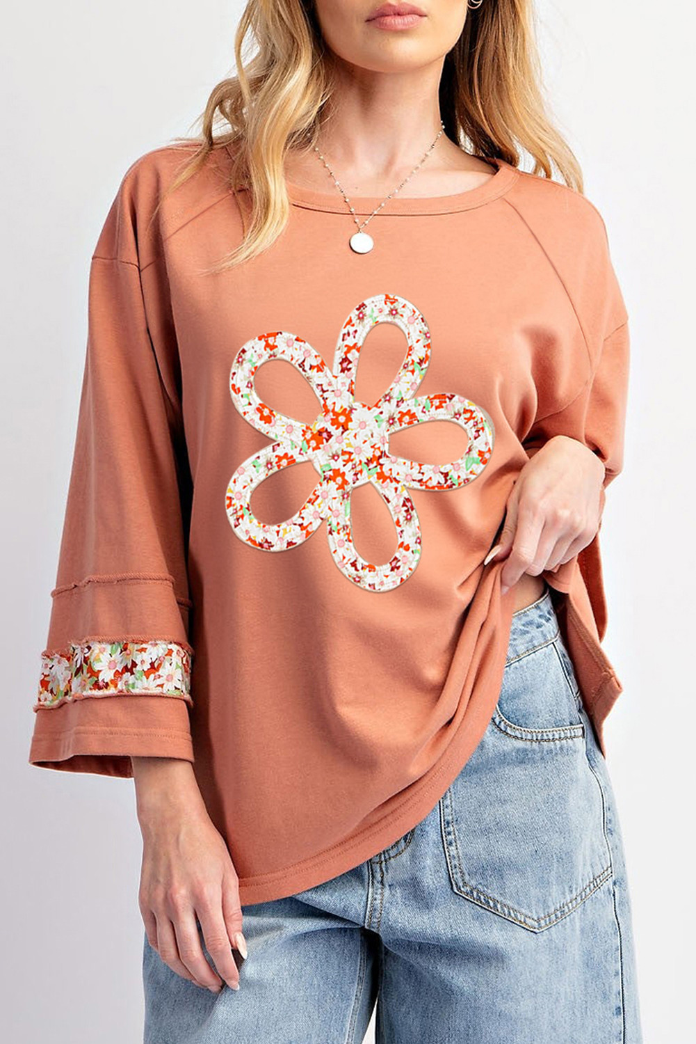 Grapefruit Orange Flower Exposed Seam Patchwork Loose Top